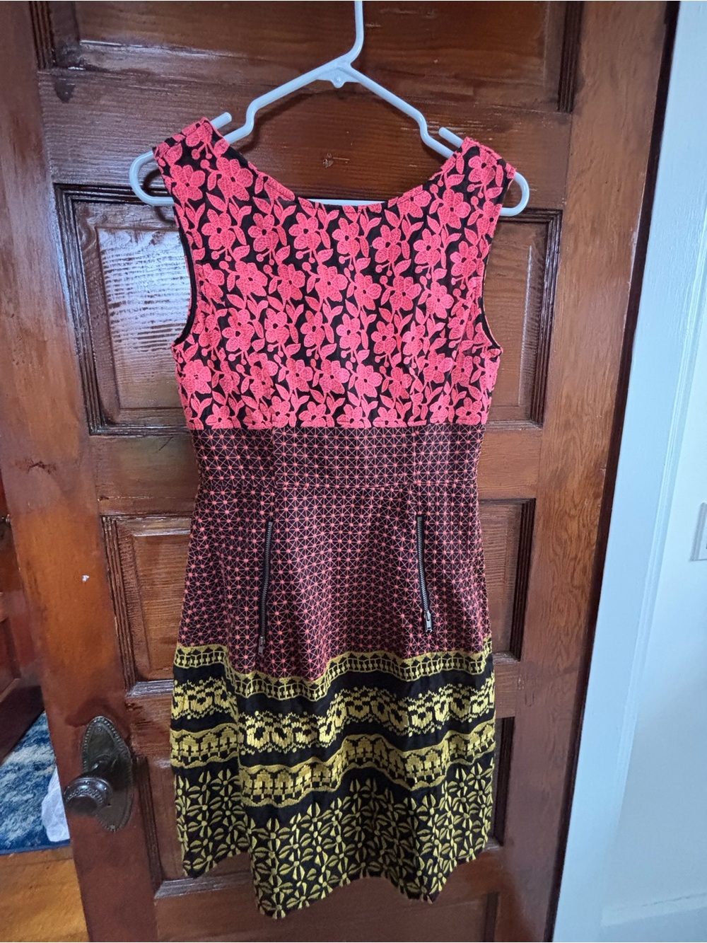 Sleeveless Floral and Patterned Dress in Pink, Black & Yellow